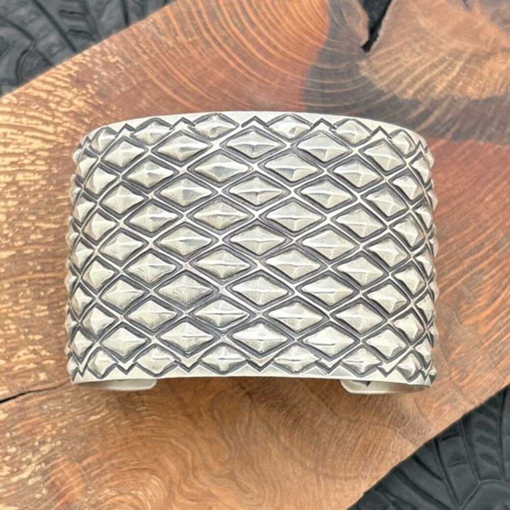 HAROLD JOE Navajo Sterling Silver Wide Cuff Bracelet Diamond Shape Repousse